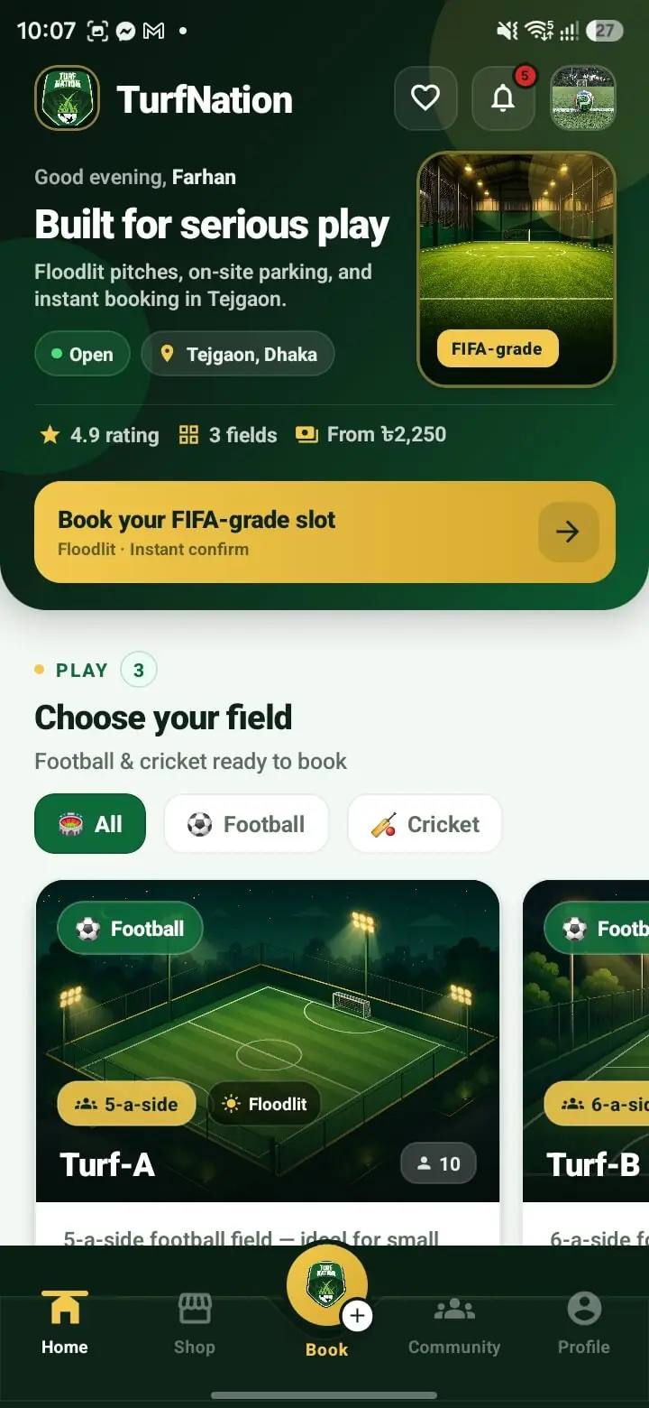 TurfNation app home — fields and instant booking